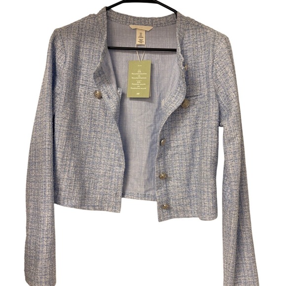 H&M Cropped Tweed Blazer Jacket Light Blue Silver Button Women Small - Picture 5 of 6